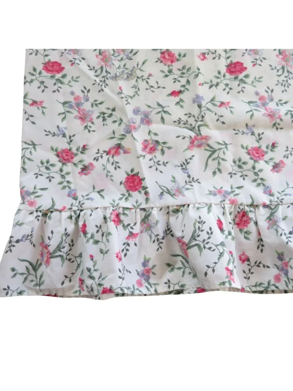 Vintage Floral Ruffle Standard Pillowcase White Pink Green Cotton Cottagecore